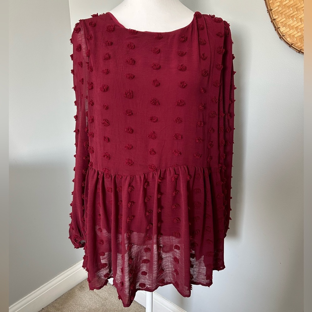 Hayden | Maroon Long Sleeve Swiss Dot Peplum Blouse | Size Small